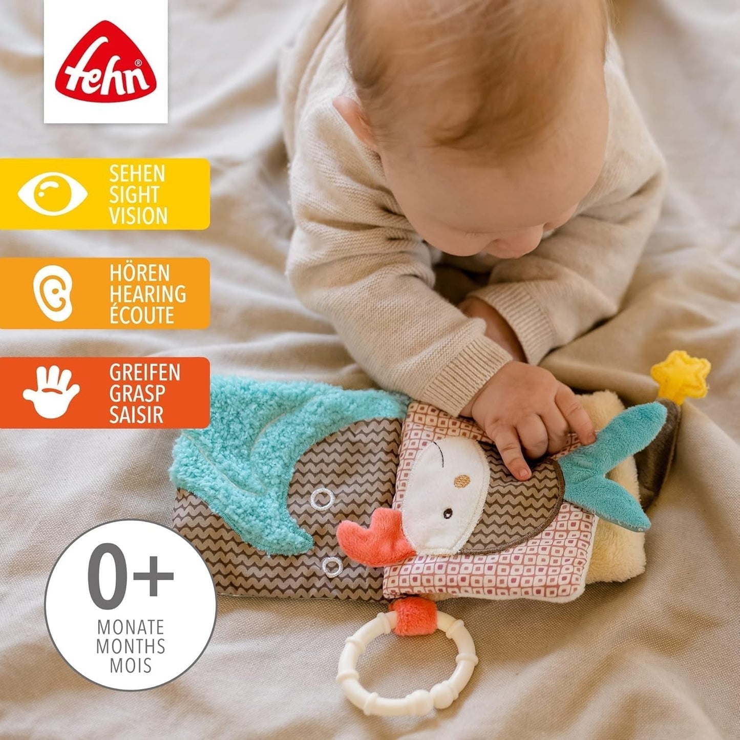 Fehn Legehandske Safari - Fingerdukker Babylegetøj Abe & elefant til at gribe og lave lyde & blød billedbog Bruno - Berøringsbog til børn med dyremotiver Babylegetøj Naty Shop