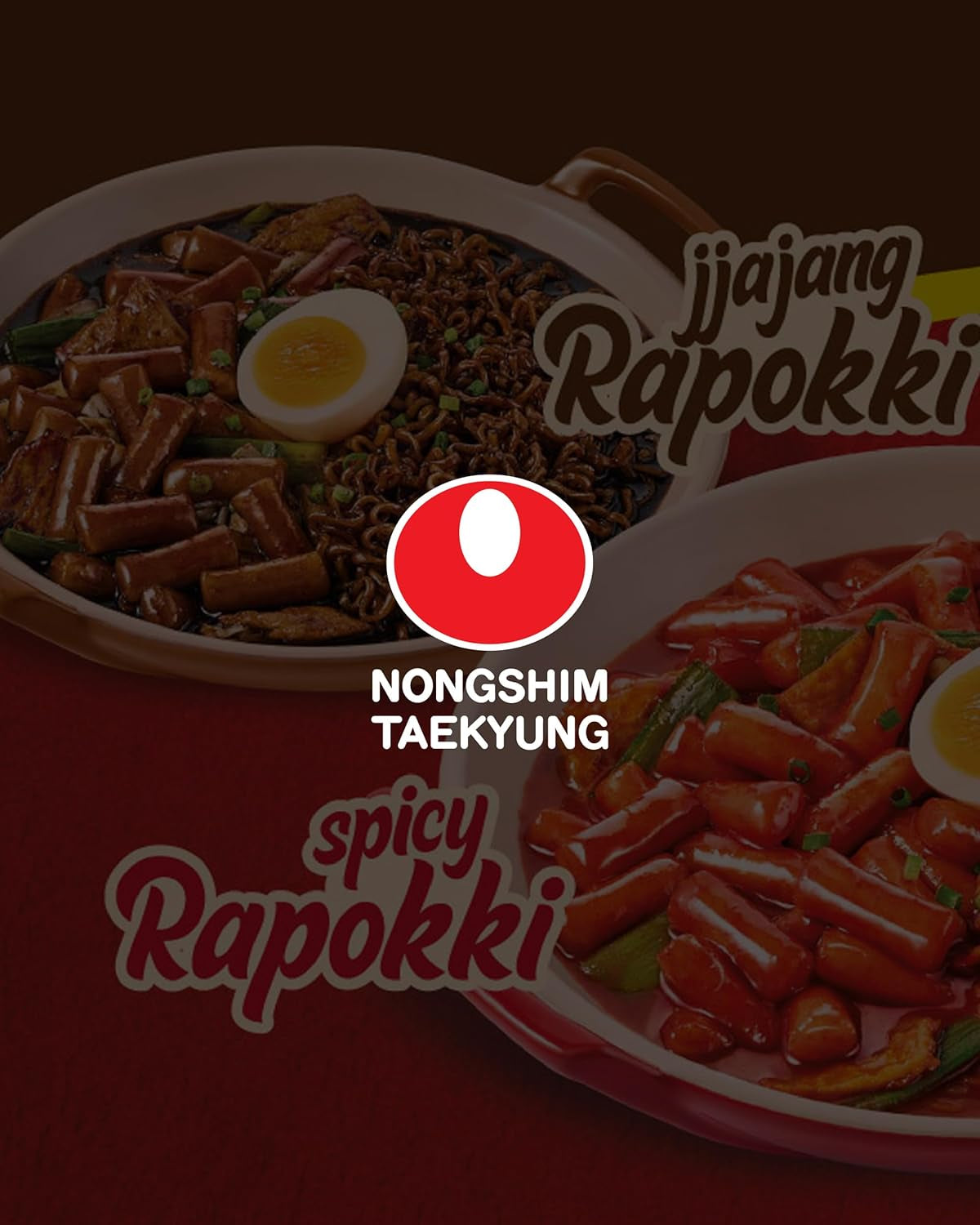 NONGSHIM Rapokki (Jjajang, 400 ml) – autentisk koreansk streetfood, ramen og riskager, sorte bønner; hurtig og nem at tilberede, klar på 4 minutter