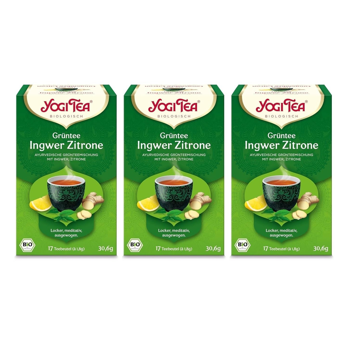 Yogi-te - grøn te med ingefær og citron, økologisk ayurvedisk te med krydderier og urter, blanding af grøn te, ingefær og citron, yogi-te 3 pakke, 3x17 teposer (i alt 51 teposer), ideel som gave