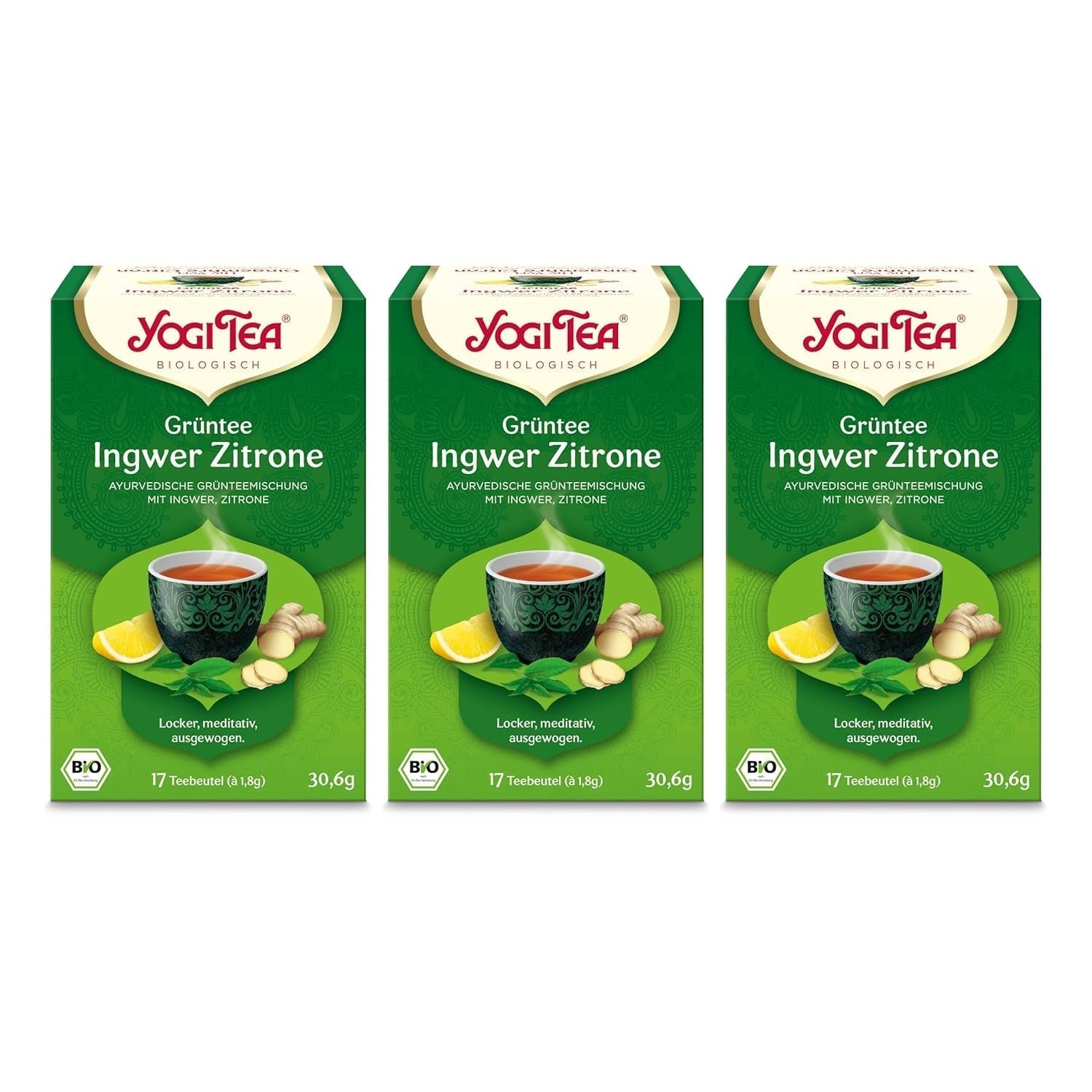 Yogi-te - grøn te med ingefær og citron, økologisk ayurvedisk te med krydderier og urter, blanding af grøn te, ingefær og citron, yogi-te 3 pakke, 3x17 teposer (i alt 51 teposer), ideel som gave