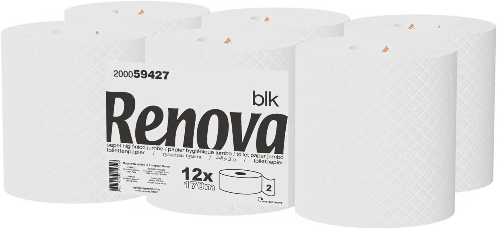 Toiletpapir Renova Jumbo BLK, 12 ruller ved 170 M, hvidt papir, 2 lag