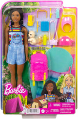 Barbie HDF74 Twin Pack Dukke! Brooklyn Camping Doll (brunette med flettede pigtails, ca. 29 cm) med hvalp, rygsæk, sovepose, 10 campingtilbehør, gave til børn fra 3 år og opefter