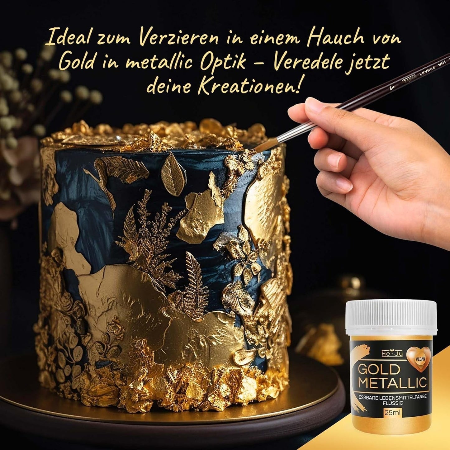 He-Ju Metallic Gold flydende madfarve 25 ml, spiselig glitter til drikkevarer og mad (Metallic Gold, 25 ml)