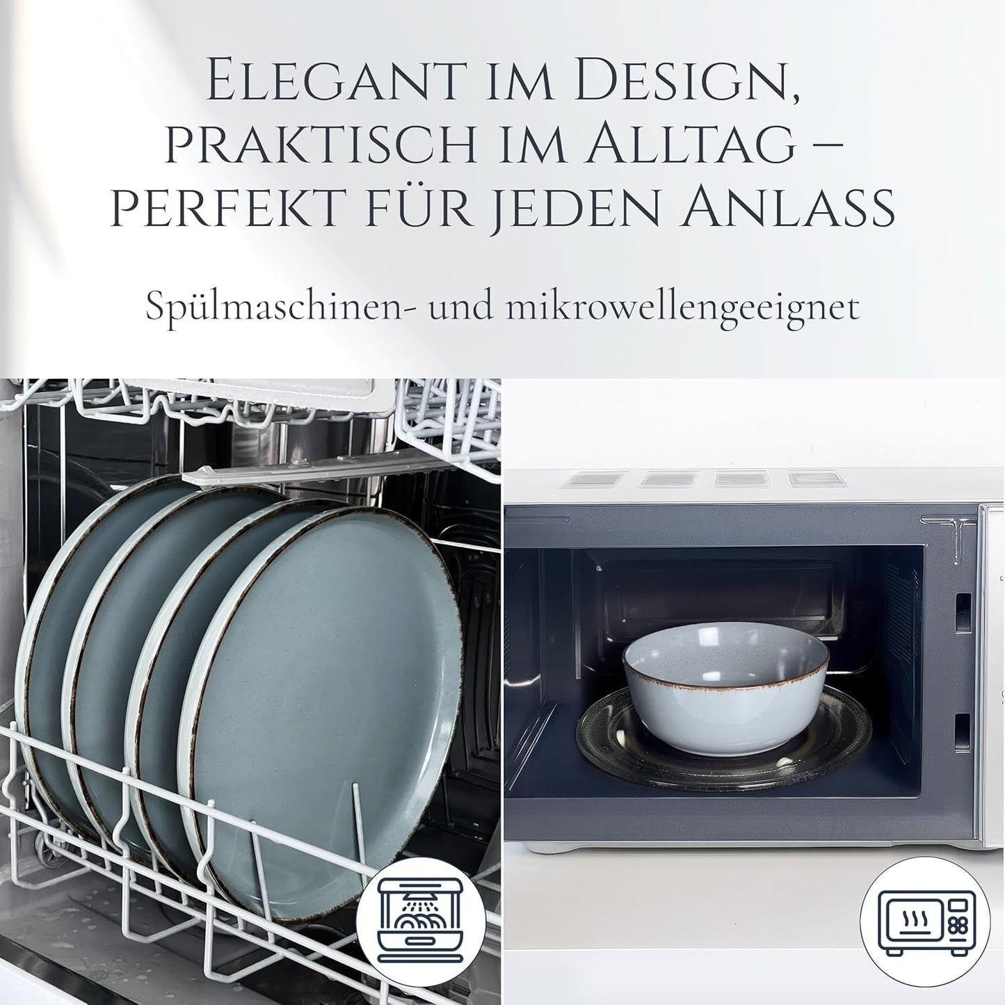 Steingut Geschirrset 6 Personen Rustik 24 tlg. TESTSIEGER, Hochwertiges Landhaussttil Steingut Geschirr Set, Schüssel- und Teller Set, Tafelservice 6 Personen, Geschirrsets Pure Living in Rauchblau