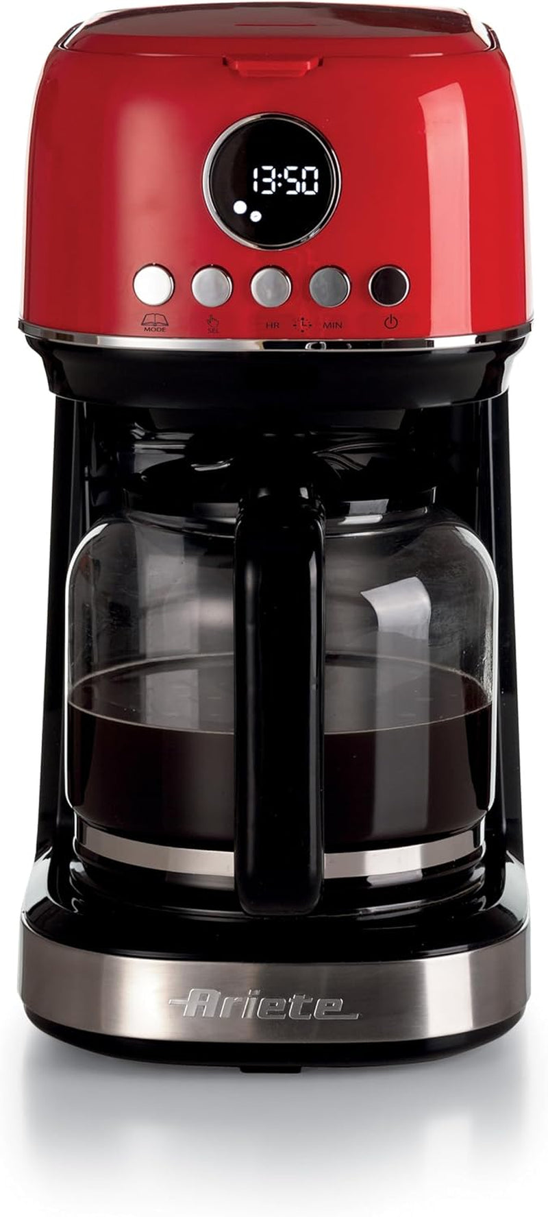 Ariete Moderna 1396 Filter Espressomaskine til fremstilling af amerikansk kaffe Op til 15 kopper Glaskaraffel Varmeplade LCD-skærm Aftagelige og vaskbare filtre Hvid