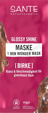 SANTE Naturkosmetik Glossy Shine 1 Min Wonder Mask, dybdepleje til kedeligt hår med organisk birkebladekstrakt og 3x proteinkompleks for 3x mere glans og smidighed, vegansk, 20ml Naty Shop Hair Mask Standard titel