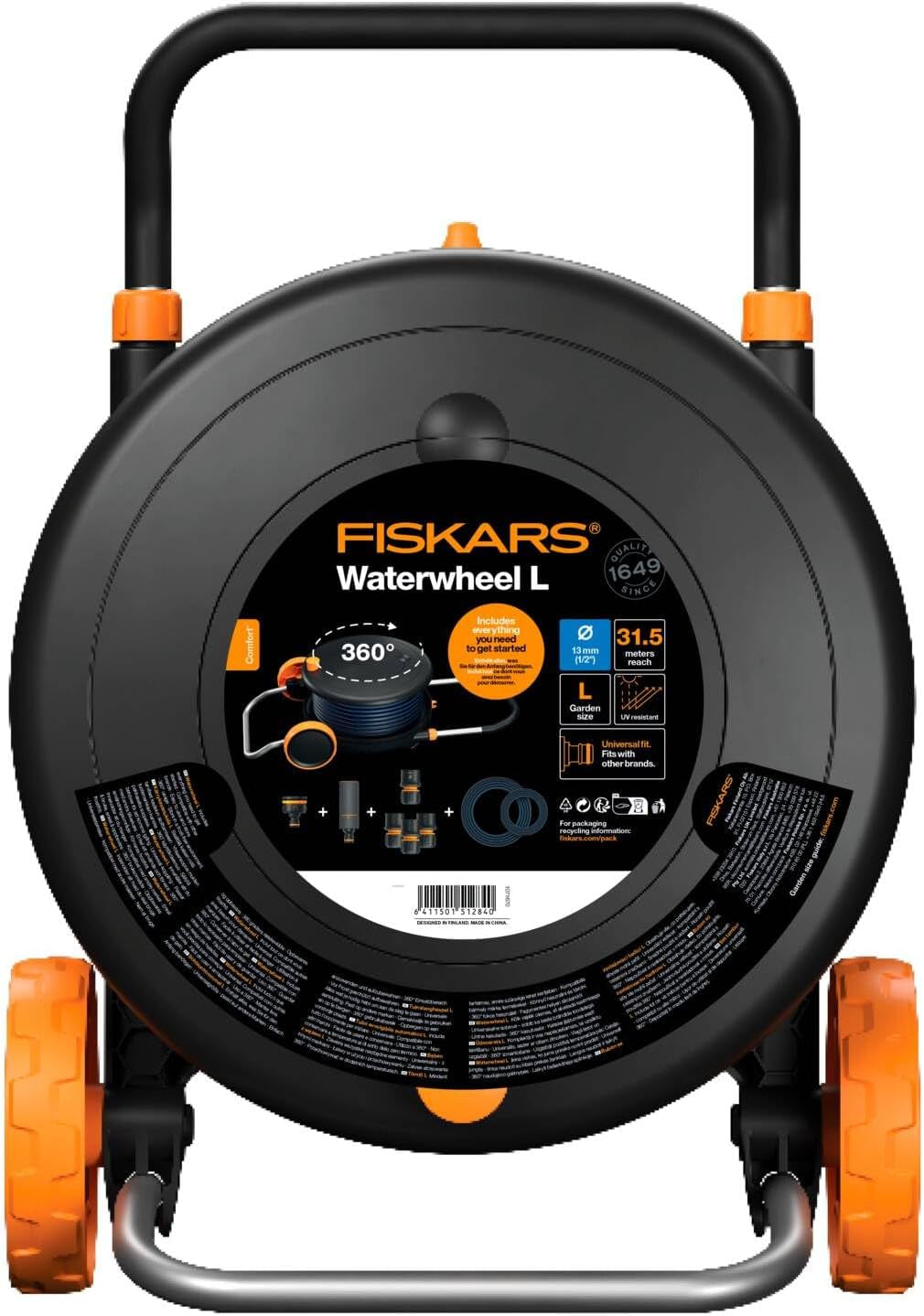 Fiskars Comfort L vandhjul med hjul, alt inklusiv vandingssæt, total rækkevidde på 31,5 m, automatisk optræk, universal haveslange (Ø 13 mm), universal hanetilslutning, 1071670