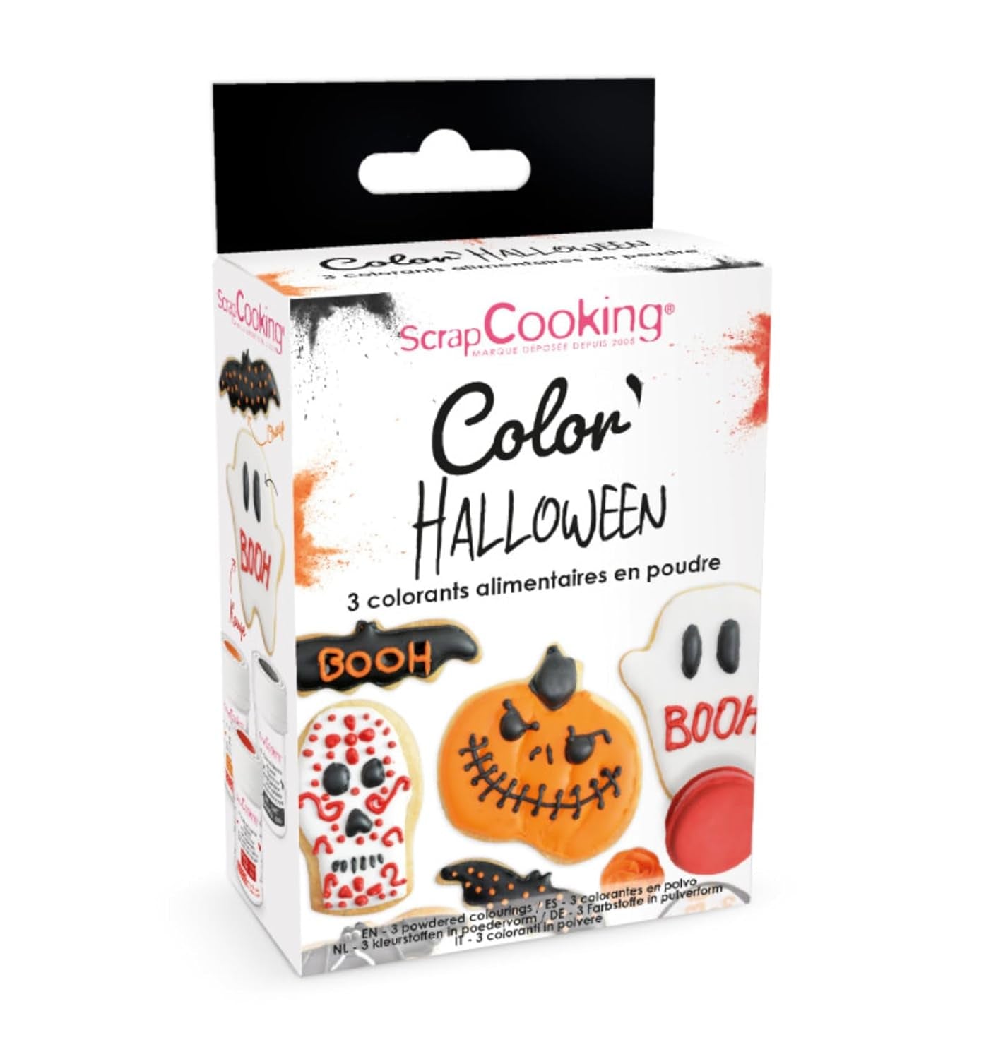 Scrapcooking - Halloween-pulver-madfarvesæt med 3 - Orange, sort, rød - spiselig madfarve til bagning, kager, småkager, wienerbrød, dej, fondant - Halloween-dekoration - 4017