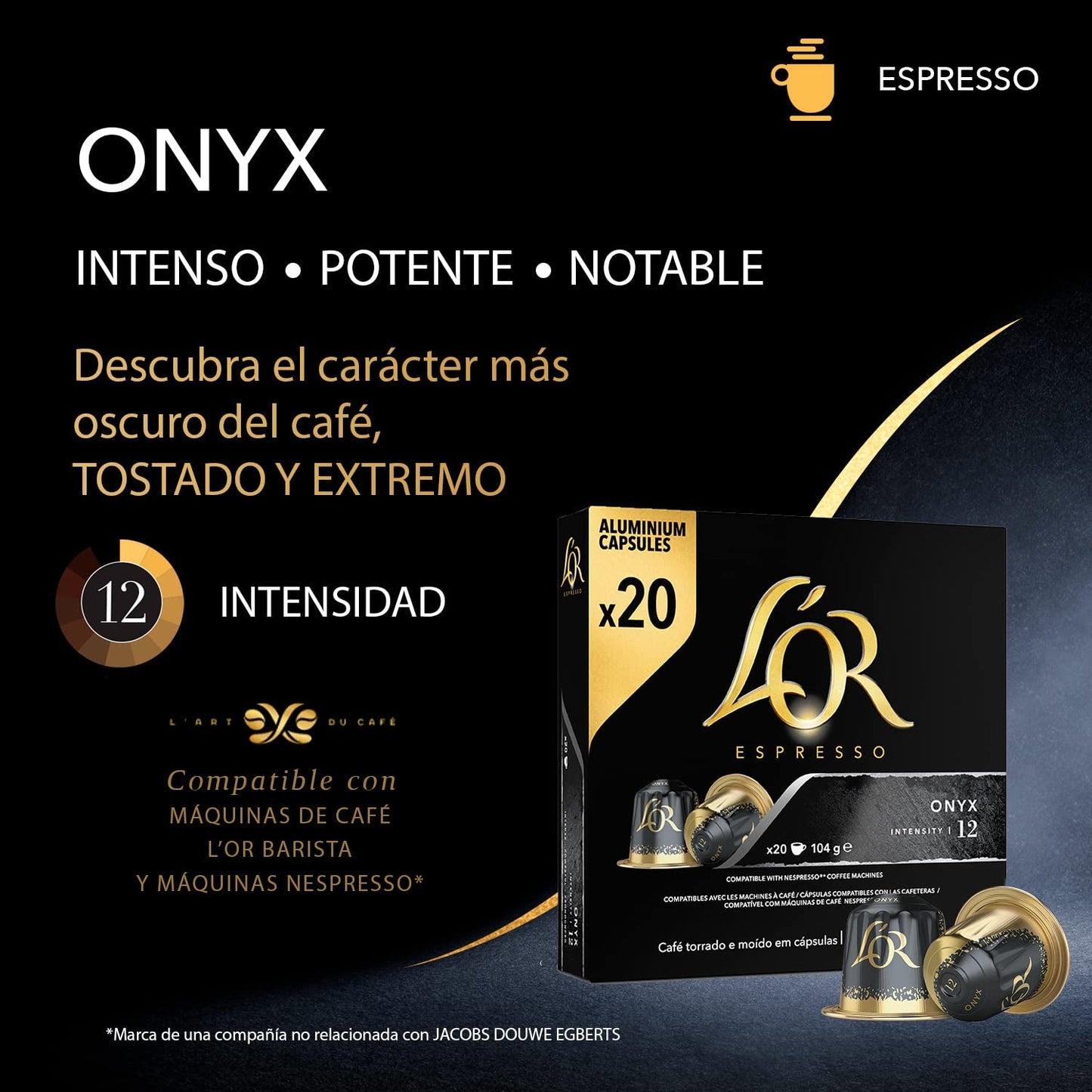 L'OR Espresso Kaffeekapseln Onyx | Intensitet 12 | 200 kompatible Nespresso-kapsler (R)* - Eksklusivt for Amazon
