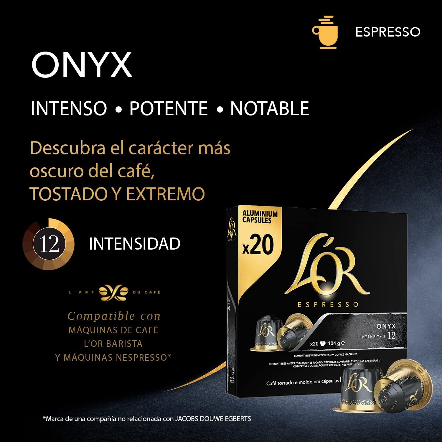 L'OR Espresso Kaffeekapseln Onyx | Intensitet 12 | 200 kompatible Nespresso-kapsler (R)* - Eksklusivt for Amazon