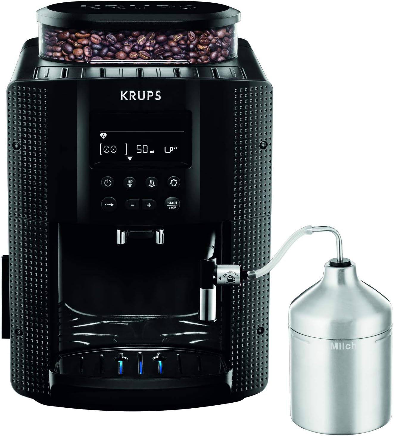 KRUPS Arabica Picto automatisk espressomaskine, kompakt design, nem at bruge, intuitiv justerbar drejekontrol, mælkeskummer, 2-kops funktion, espressomaskine, sort, EA810870