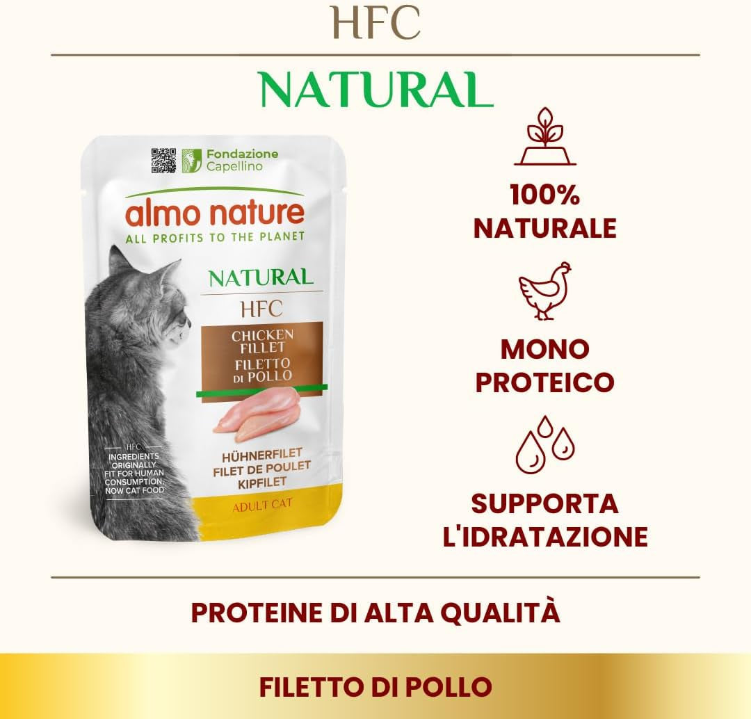 almo nature HFC Natural - Vådfoder til katte - med kylling - Menneskelig kvalitet, Glutenfri, Monoprotein - 55g, pakke med 6