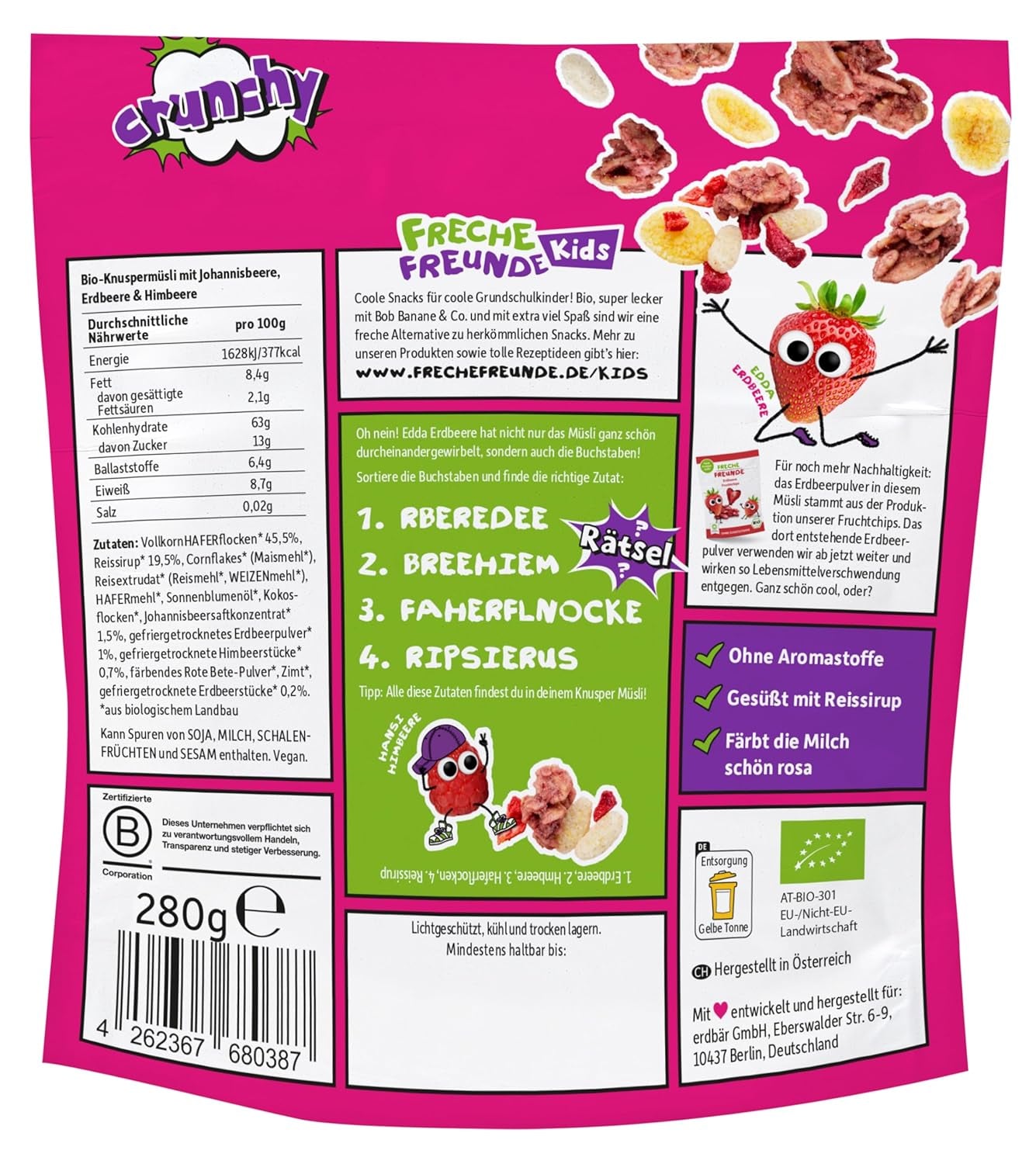 FRECHE FREUNDE Økologisk morgenmadsmüsli Eddas bærsprøde müsliblanding til skolebørn med frysetørrede jordbær Vegansk 6-pak (6 x 280 g)