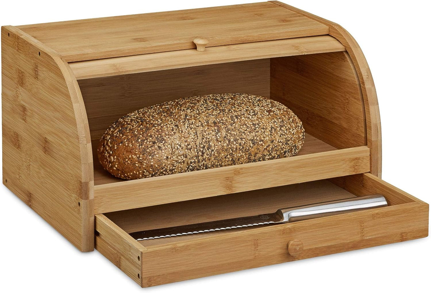 Relaxdays Rullebrødskurv med skuffe, bambus, HxBxD: 21 x 40,5 x 28 cm, træ, natur & bambus skærebræt ca. 3 x 37 x 21,5 cm Skærebræt med krummebakke til nem rengøring naturlige madkasser Naty Shop