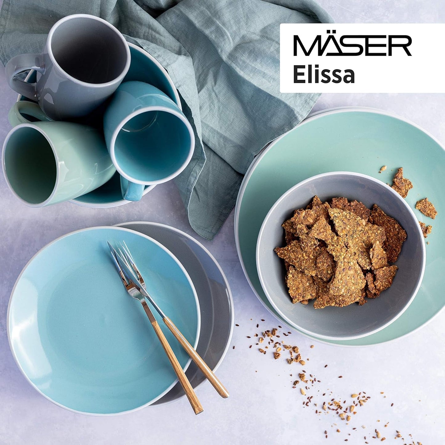 MÄSER 931844 Elissa-serien moderne servicesæt til 6, blå med hvid kant, 24-delt kombinationssæt, keramik