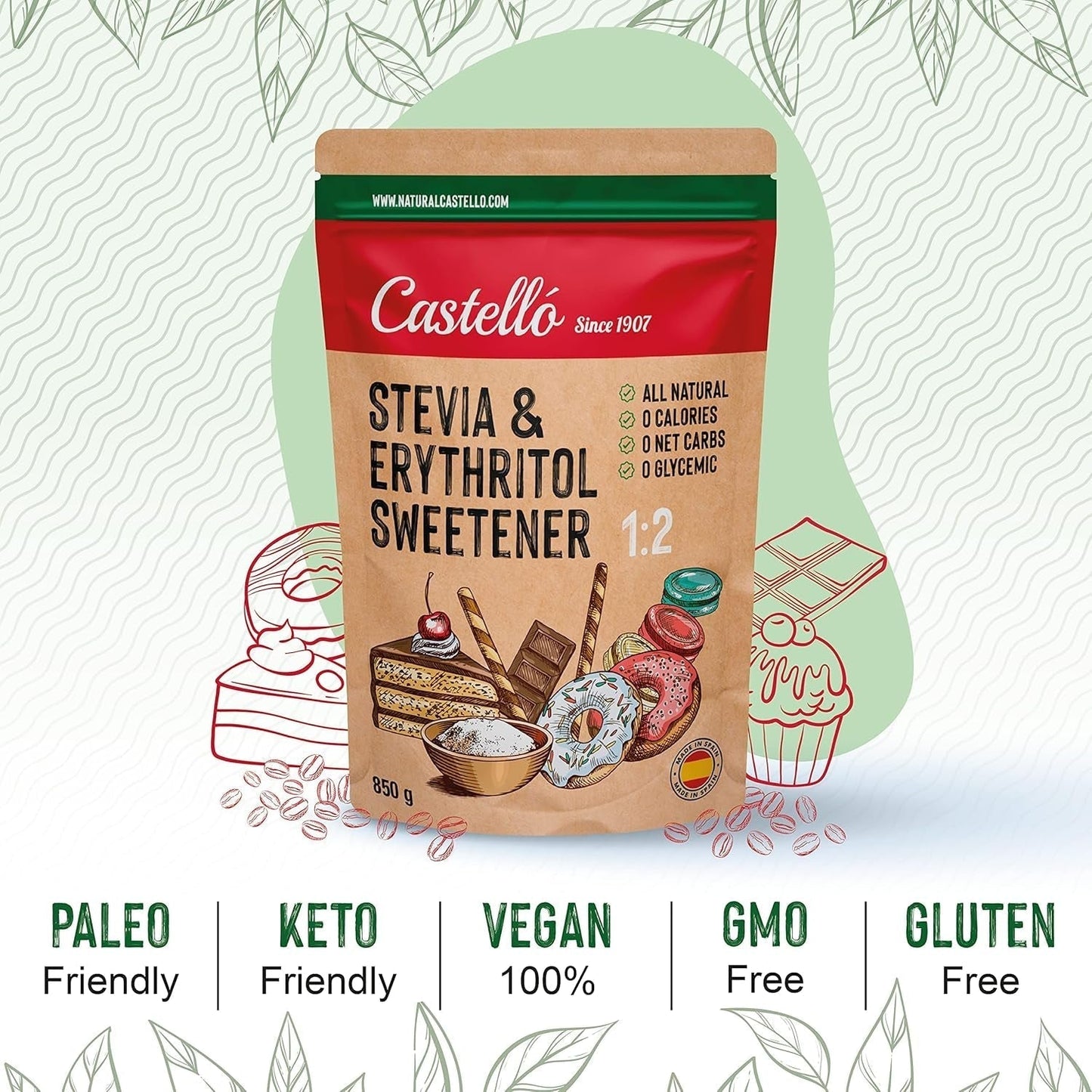 Stevia + Erythritol 1:2 Süßstoff | 1G = 2G Zucker | 100% Natürlicher Zuckerersatz - 0 Kalorien - 0 Glykämischer Index - Keto Und Paleo - 0 Netto-Kohlenhydrat - Kein GVO - Castello siden 1907 - 850 G Sødemidler Naty Shop
