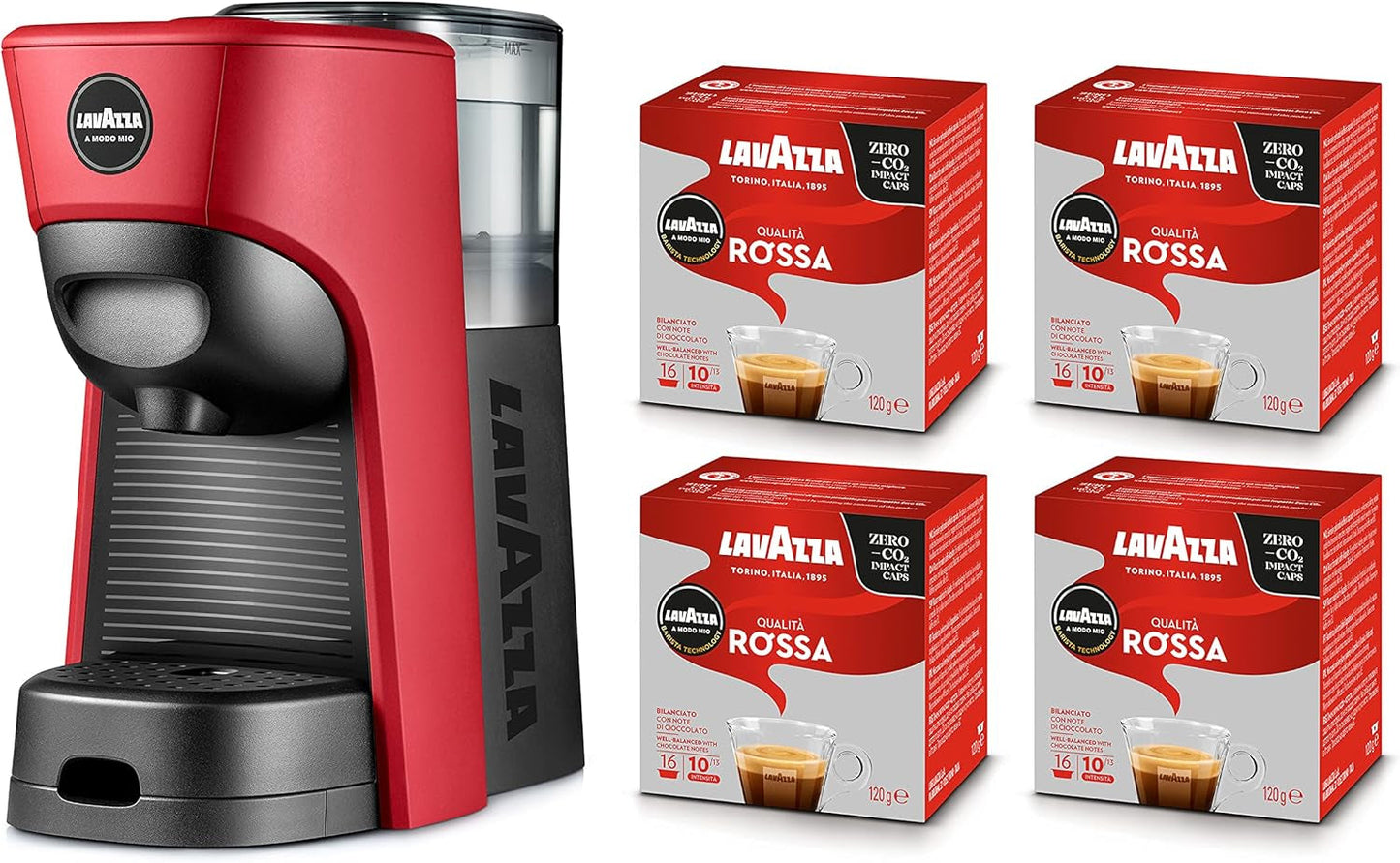 Lavazza, Espressor A Modo Mio Tiny Eco Red med 64 kapsler, Espressor lavet af genbrugsplast, 1450 W, 220-240 V, 50/60 Hz, 0,6 liter