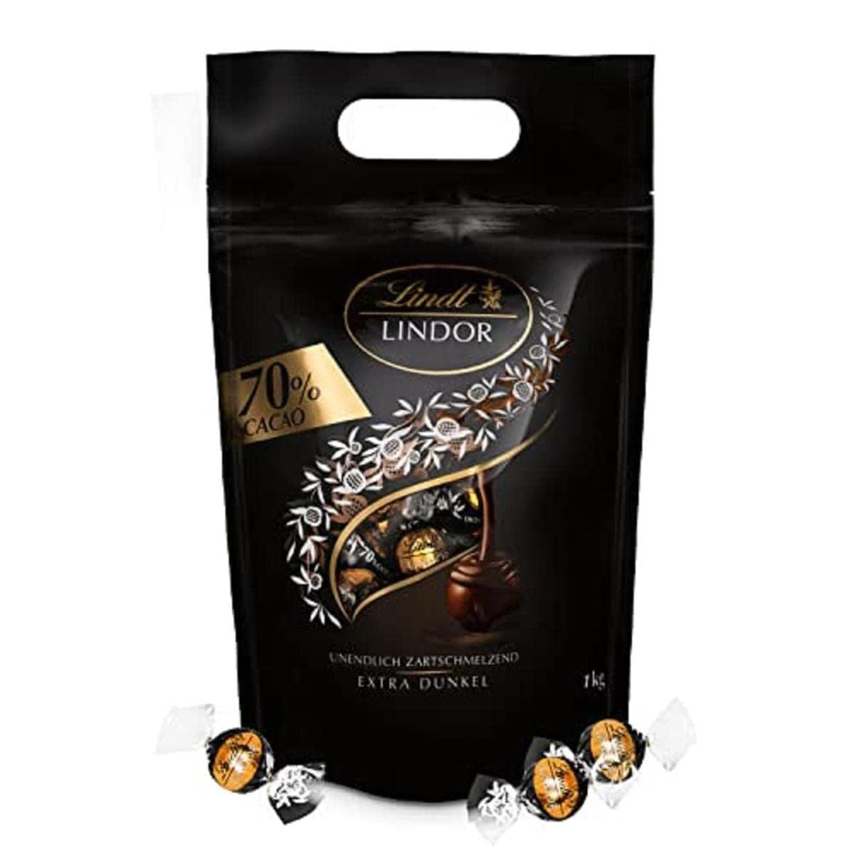 Lindt LINDOR Extra Dark Chokoladekugler og LINDOR Strawberry Creme Chokoladekugler | 1 kg genlukkelig pose | ca. 80 hvide chokoladekugler med jordbærcreme