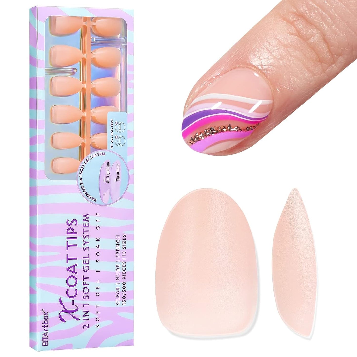 Btartbox Extra Short Soft Gel Negle Fulddækning Mandel Korte neglespidser 160 stk. Præ-designede XCOATTIPS kunstige negle Mandelkorte neglespidser til negleforlængelser