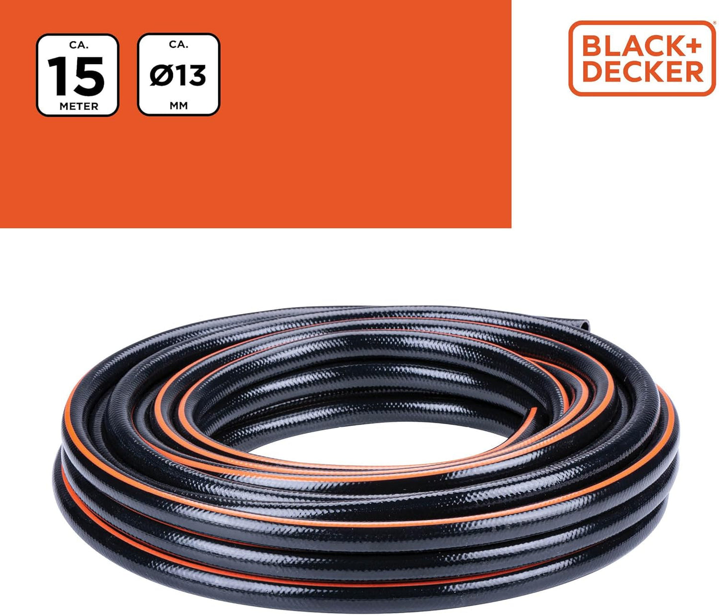BLACK+DECKER Haveslange 15 meter - Ø13MM - Holdbar PVC - Vanding af haven, vask af bilen, fylde poolen - Kompatibel med enhver standard vandhane - Sort/Orange