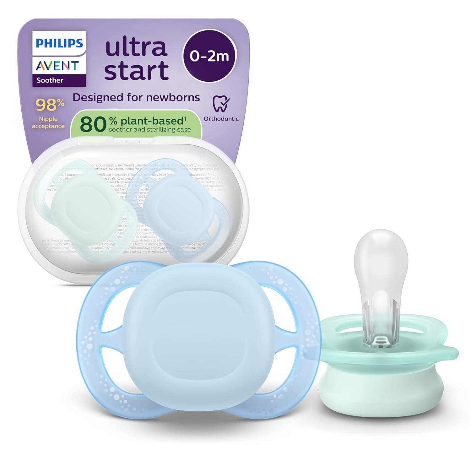 Philips AVENT Ultra Start natsut, ortodontisk sut til nyfødte, Glow in the Dark, BPA-fri, med steriliseringsbeholder, Twin Pack, Moon, Star, SCF075/07