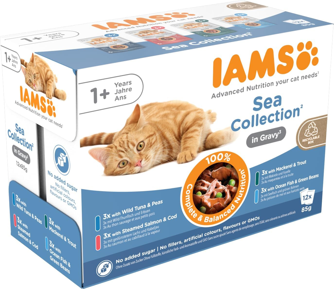 IAMS Delights Sea Collection Katzenfutter Nass - Multipack mit Fisch Sorten (Lachs, Thunfisch, Makrel, Seefisch) i Sauce, Nassfutter für Katzen fra 1 Jahr, 12 x 85g