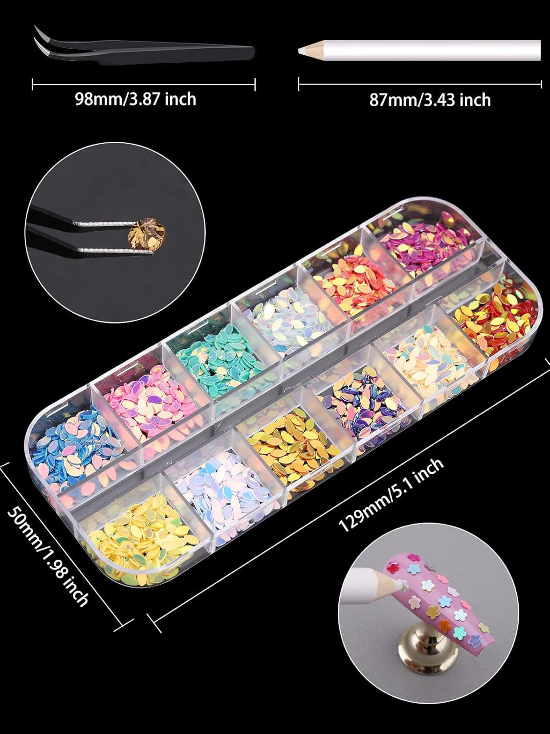 EBANKU Nail Art Strass Kit Multi Design Zubehör Mit 1 Pinzetten 1 Stück Wachsstifte Deko Diamanten Kristalle Perlen Edelsteine ​​Bunt Pferdeaugen Strass Metal Nieten Für Nagel DIY (1 Stück (10Er Pack))