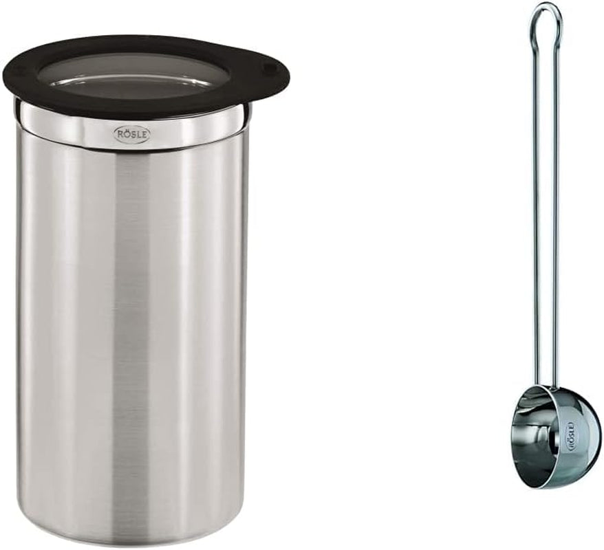 RÖSLE kaffeboks med låg, rustfrit stål 18/10, 10 cm & kaffemål, kaffeske af høj kvalitet til nem dosering af malet kaffe, rustfrit stål 18/10, 17 x 3,7 x 2,7 cm, sølv Madopbevaringsbokse Naty Shop Pakke Blikstr.