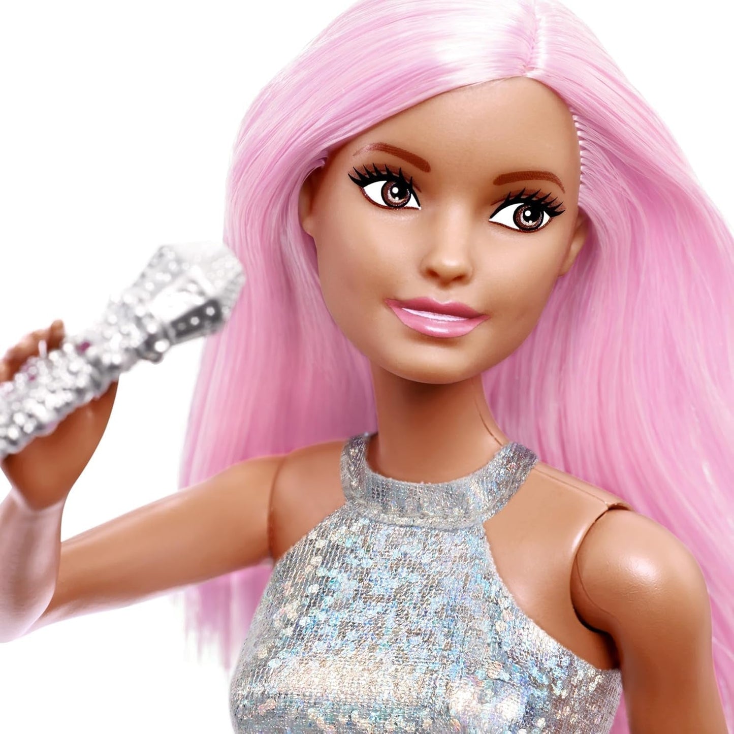 Barbie popstjernedukke klædt i glitrende nederdel med mikrofon og lyserødt hår Gave til 3-7 år gamle børn JCW42 blændende dukker Naty Shop