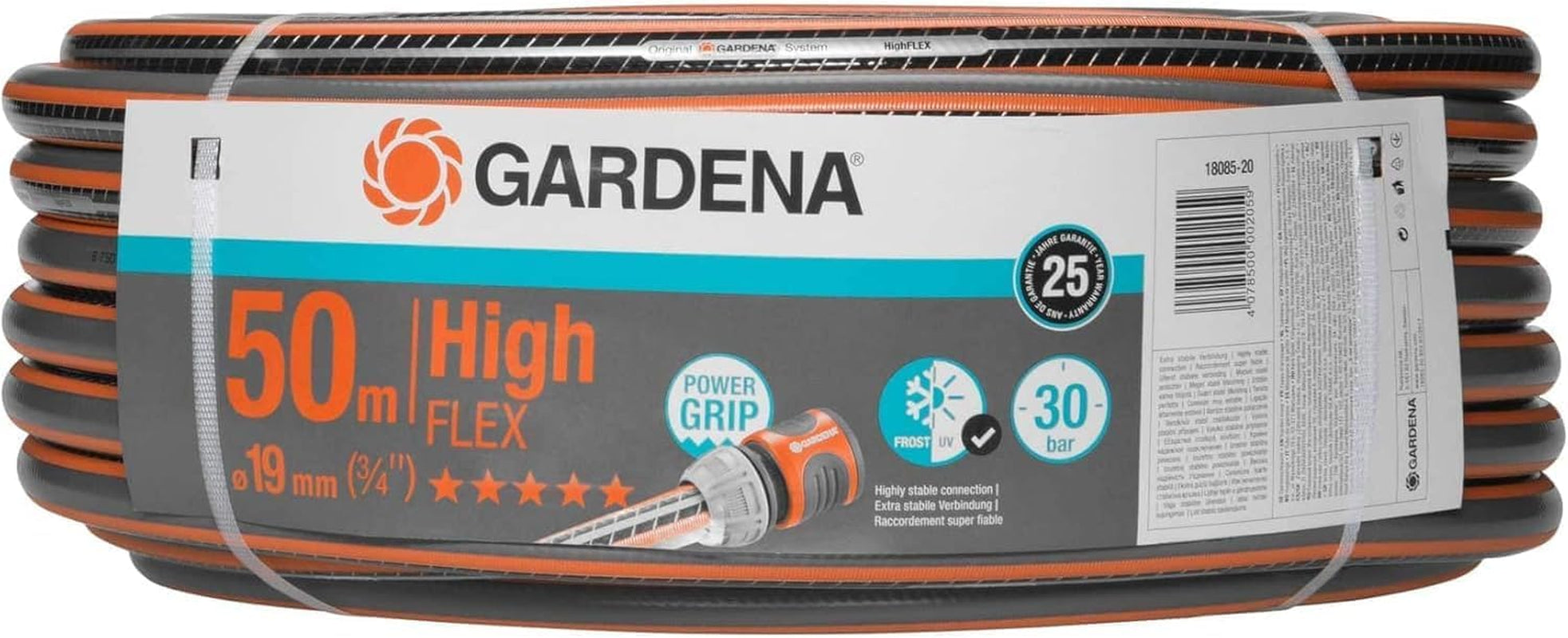 Gardena Haveslange Polyvinylchlorid (PVC), Comfort HighFLEX 19 mm (3/4 tomme), 50 m: Haveslange med Power-Grip-profil, 30 bar sprængtryk, meget fleksibel, formstabil, UV-bestandig, pakket (18085-20)