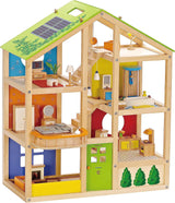Hape Four Seasons Wooden Doll's House Prisvindende tre-etagers dukkehus med møbler, tilbehør, bevægelige trapper og vendbart tag til hver sæson Dukkehuse Naty Shop Four seasons house (møbleret)