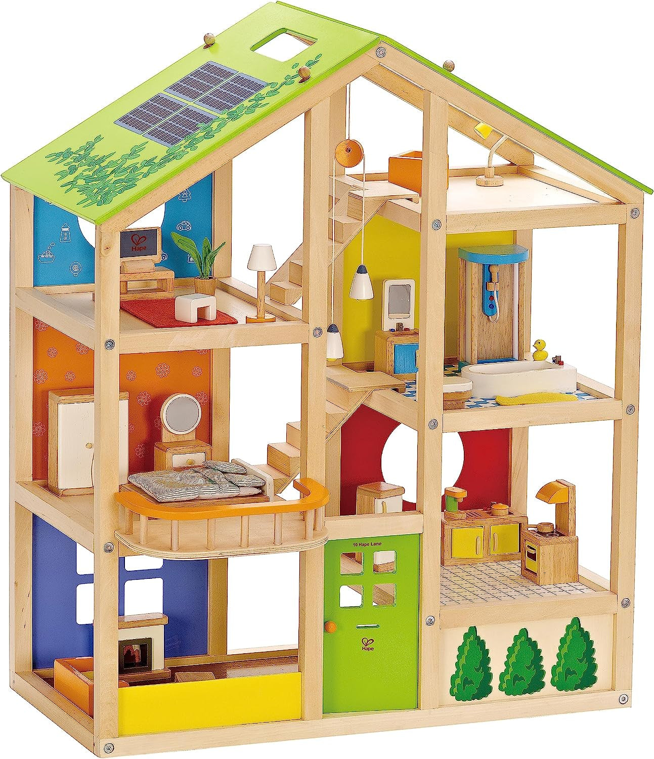 Hape Four Seasons Dukkehus - prisvindende tre-etagers trædukkehus med møbler, tilbehør, skydetrapper og vendbart tag til alle årstider, til børn fra 3 år og opefter