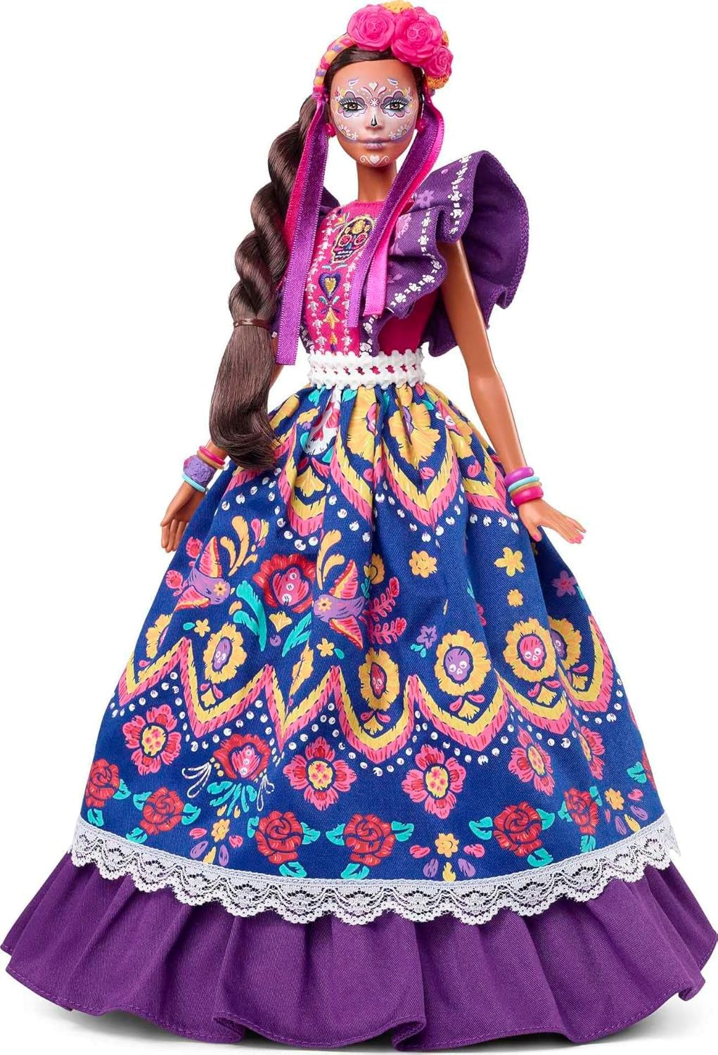 2022 Día De Muertos Barbie-dukke med pjusket traditionel kjole, blomsterkrans og Calavera-ansigtsmaling, gave til samlere