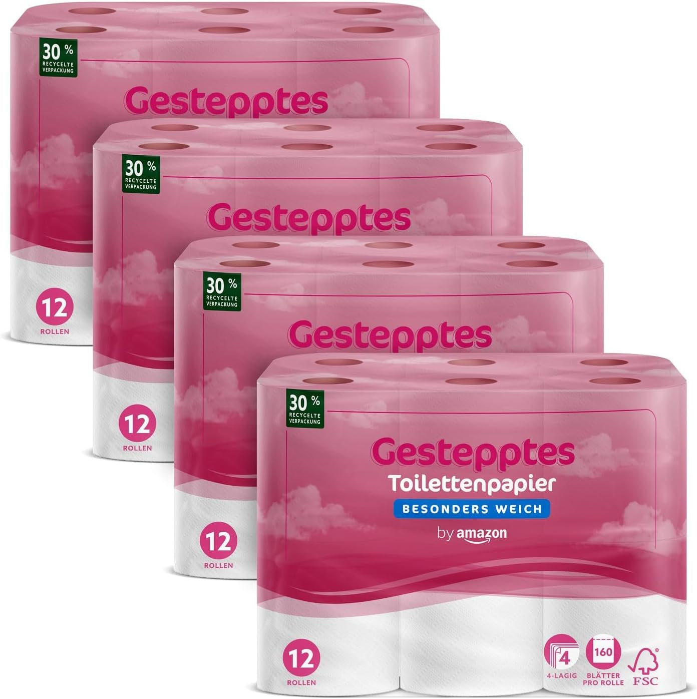 By Amazon toiletpapir, 4-lags quiltet, ekstra blødt, 48 ruller (12 ruller, pakke med 4), 160 ark pr. rulle, Fsc-certificeret