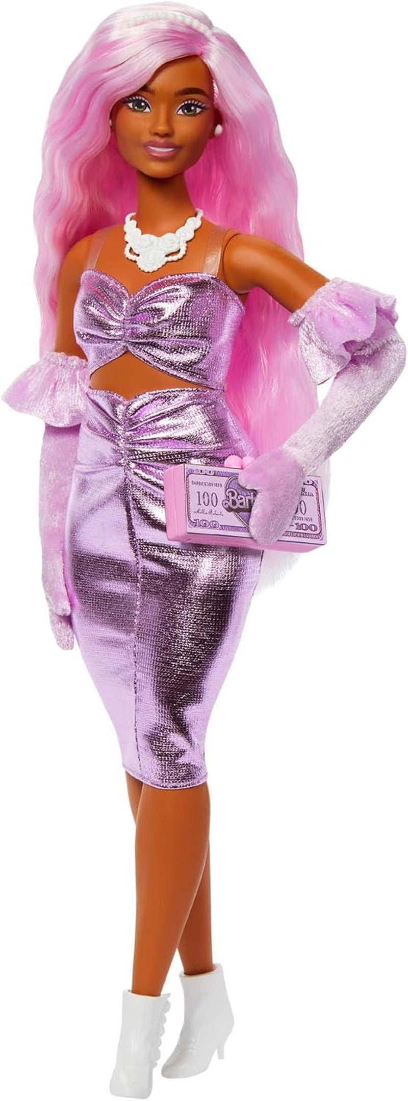 Barbie Doll Deluxe Style no. 3 med Barbiecore-outfit, blond hår i høj knold, pastellyserød kjole med overdimensioneret sløjfe og tilbehør som netstrømpebukser, HYV27 Pink Naty Shop Dolls