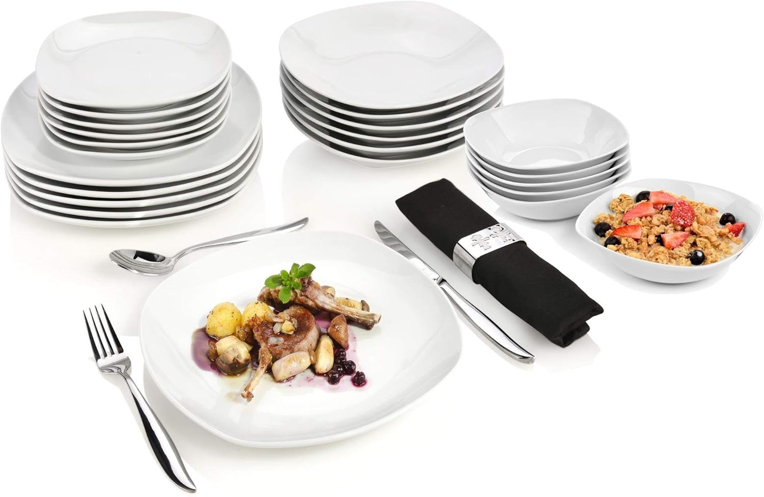 SANGER | Hvidt Bilgola Spisestel Sæt, 24 Del Porcelænsstel til 6, Firkantede Tallerkener, Middagstallerkener | PREMIUM KOLLEKTIONEN