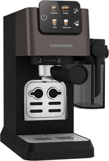 Portafilter espressomaskine GRUNDIG KSM 5330 med integreret mælkebeholder, effekt 1628 W, pumpetryk 15 bar, dobbelt mundstykke, farvetouchdisplay, BrewSense, CreamyPro, Mørk rustfrit stål/Sort