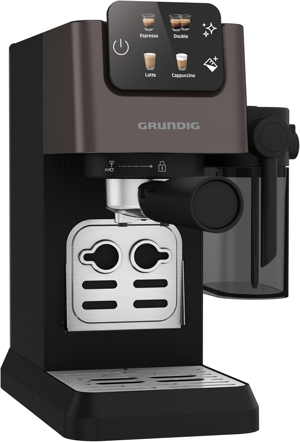 Portafilter espressomaskine GRUNDIG KSM 5330 med integreret mælkebeholder, effekt 1628 W, pumpetryk 15 bar, dobbelt mundstykke, farvetouchdisplay, BrewSense, CreamyPro, Mørk rustfrit stål/Sort