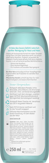 Lavera Care Basis Sensitiv 2 i 1, Shampoo og shower gel med økologisk aloe vera og vegetabilsk keratin, 250 ml Brusebad og bad Naty Shop