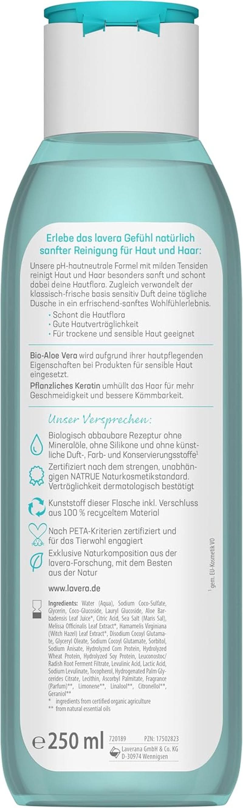 Lavera Care Basis Sensitiv 2 i 1, Shampoo og shower gel med økologisk aloe vera og vegetabilsk keratin, 250 ml Brusebad og bad Naty Shop