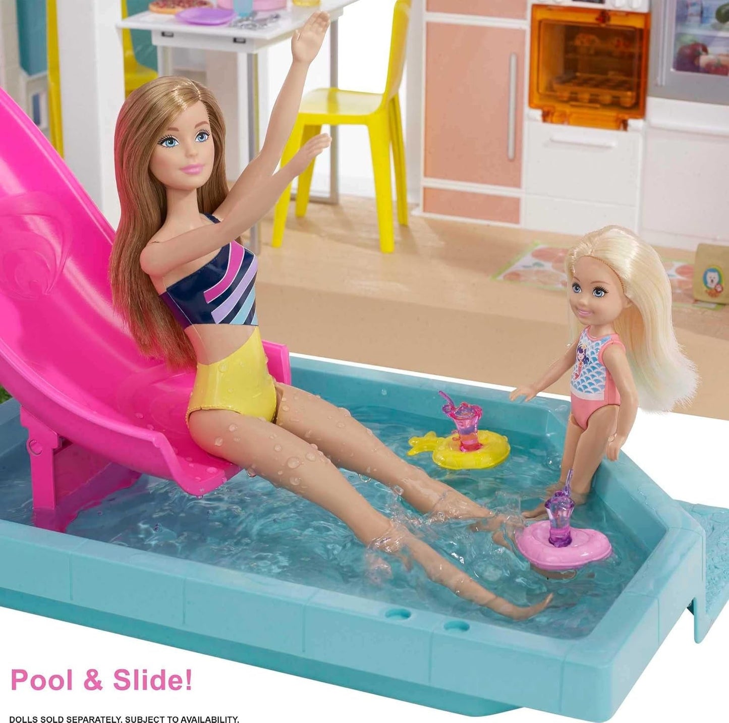 Barbie Dream House (114 cm), 3-etagers dukkehus, pool, rutsjebane, kørestolslift, 75 tilbehør, dukker, velegnet som gave til børn fra 3 år og opefter, GRG93