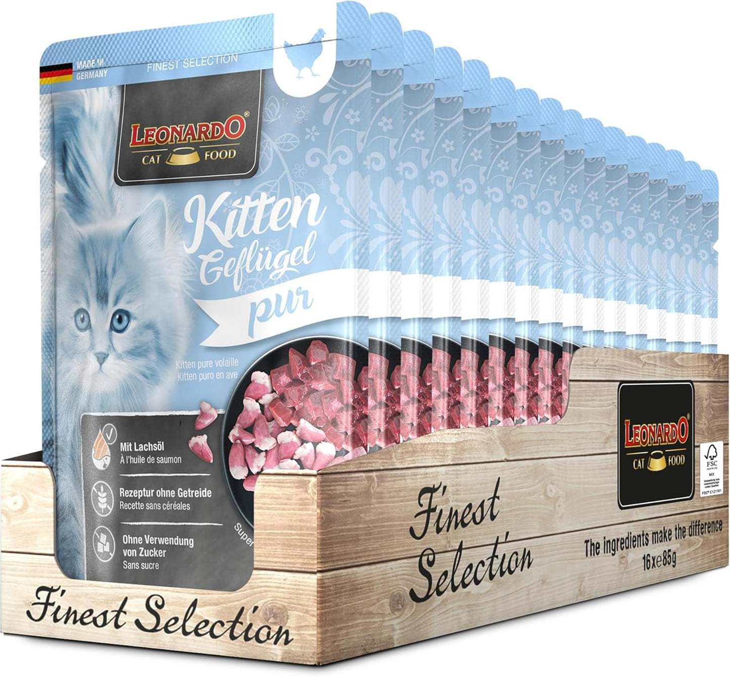 LEONARDO Fresh Pouches [16 x 85g våd kattefoder, kornfri] | Komplet vådfoder i individuelle poser