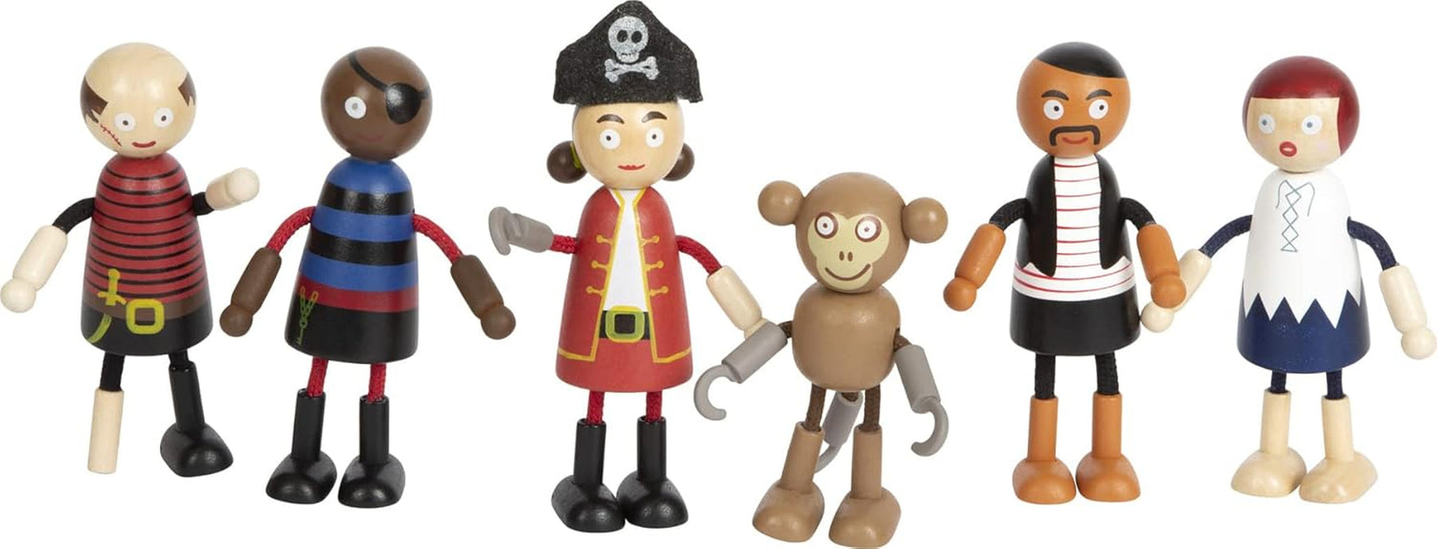 Små fods fleksible piratdukker i træ, 5 pirater og 1 abe, detaljerede og fleksible, 3+, 12412
