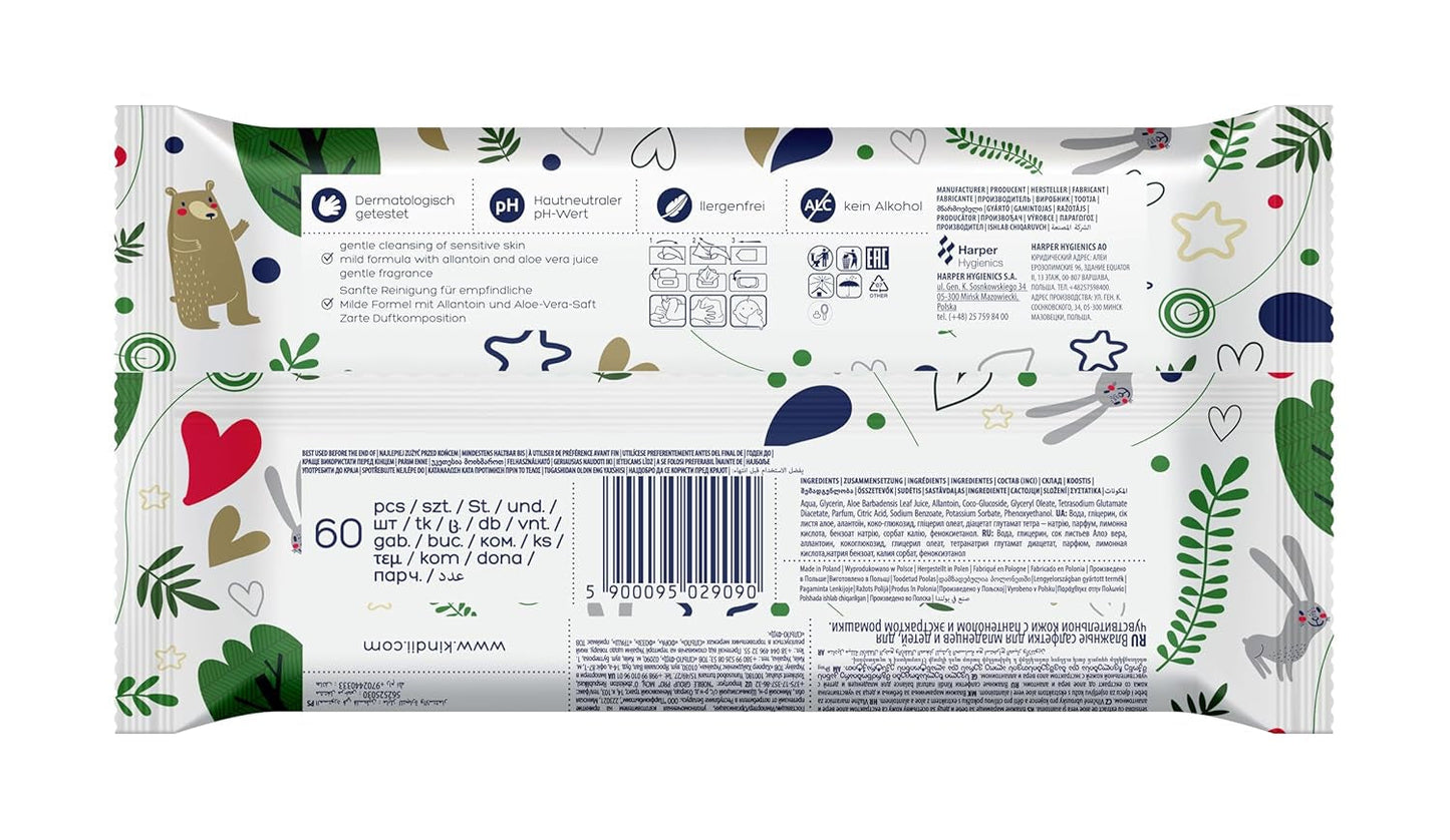 Kindii Natural Balance vådservietter til babyer – (1 x 60 stk.) Vådservietter til babyer og børn – Beskyttende, Aloe Vera, Delikat duft – 60 stk.