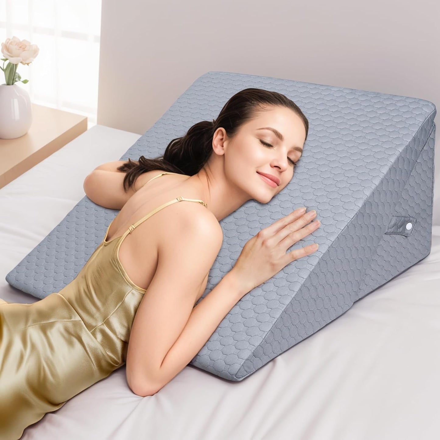 BØRN Justerbar kilepude, skumlæsepude med høj densitet til seng og sofa, ergonomisk seng med kilehovedpude til søvnrefluksapnø, benpude/rygpude til leg og læsning (hvid og grå)