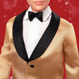 Barbie Signature 2025 Holiday Blonder Ken Modepuppe zum Sammeln in completem Anzug mit Goldener Jacke in Einer Verpackung zum Ausstellen und mit Puppenständer, JGK55