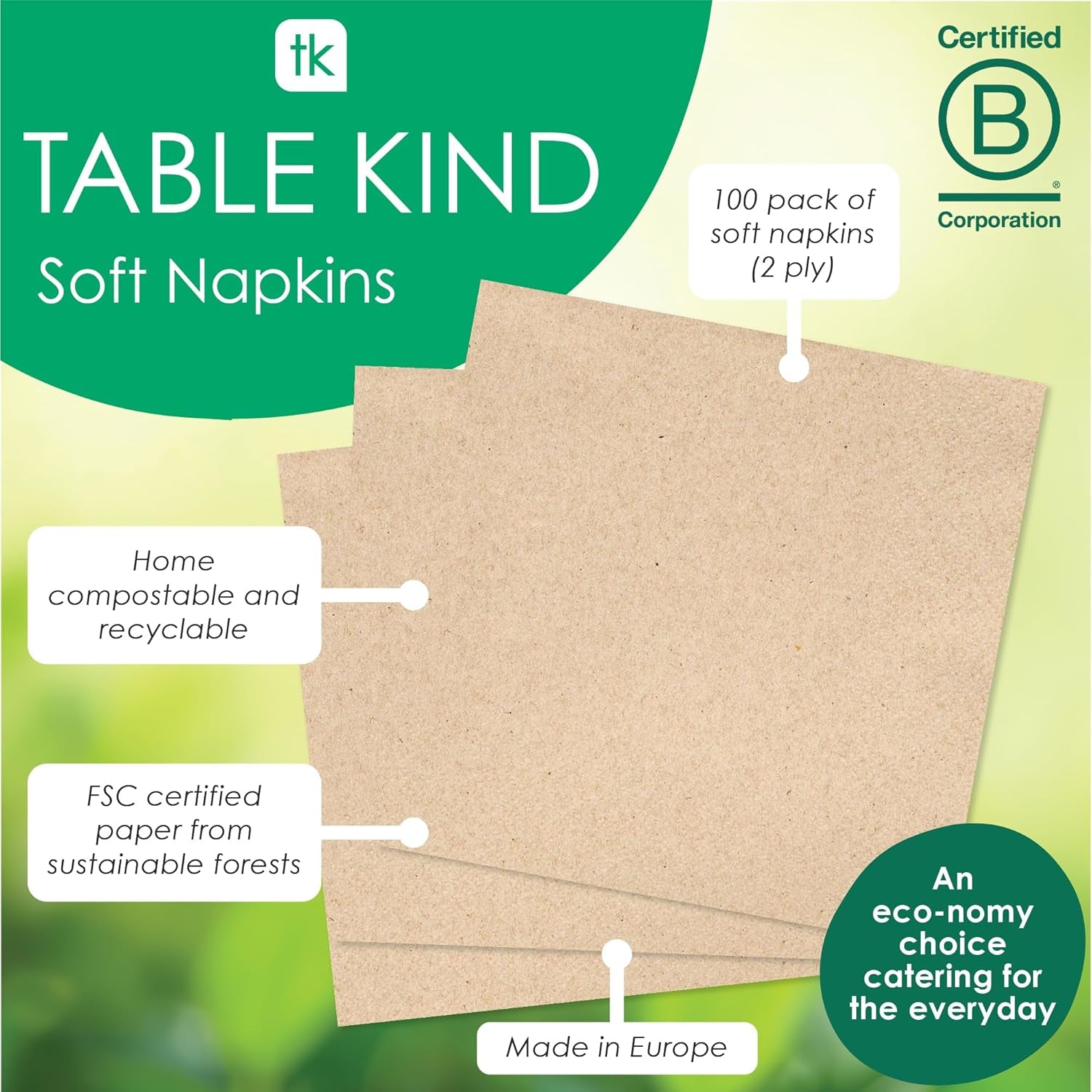Bord Type | 100 Bulk Pack bløde genbrugspapirservietter Brune engangs-festservietter Velegnet til daglig brug Miljøvenlig Kraft Ubleget komposterbar Fremstillet i EU 2-lags 33 cm