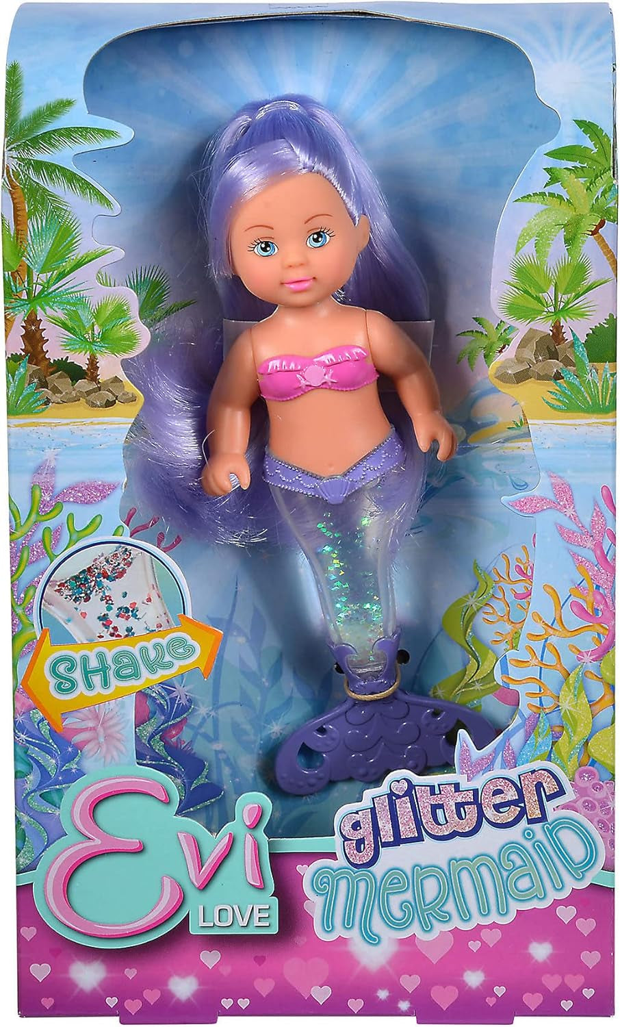 Simba 105733482 - Evi Love Glitter Mermaid, havfruedukke med en halefinne, der lyser, når den rystes. Der leveres kun EN vare.