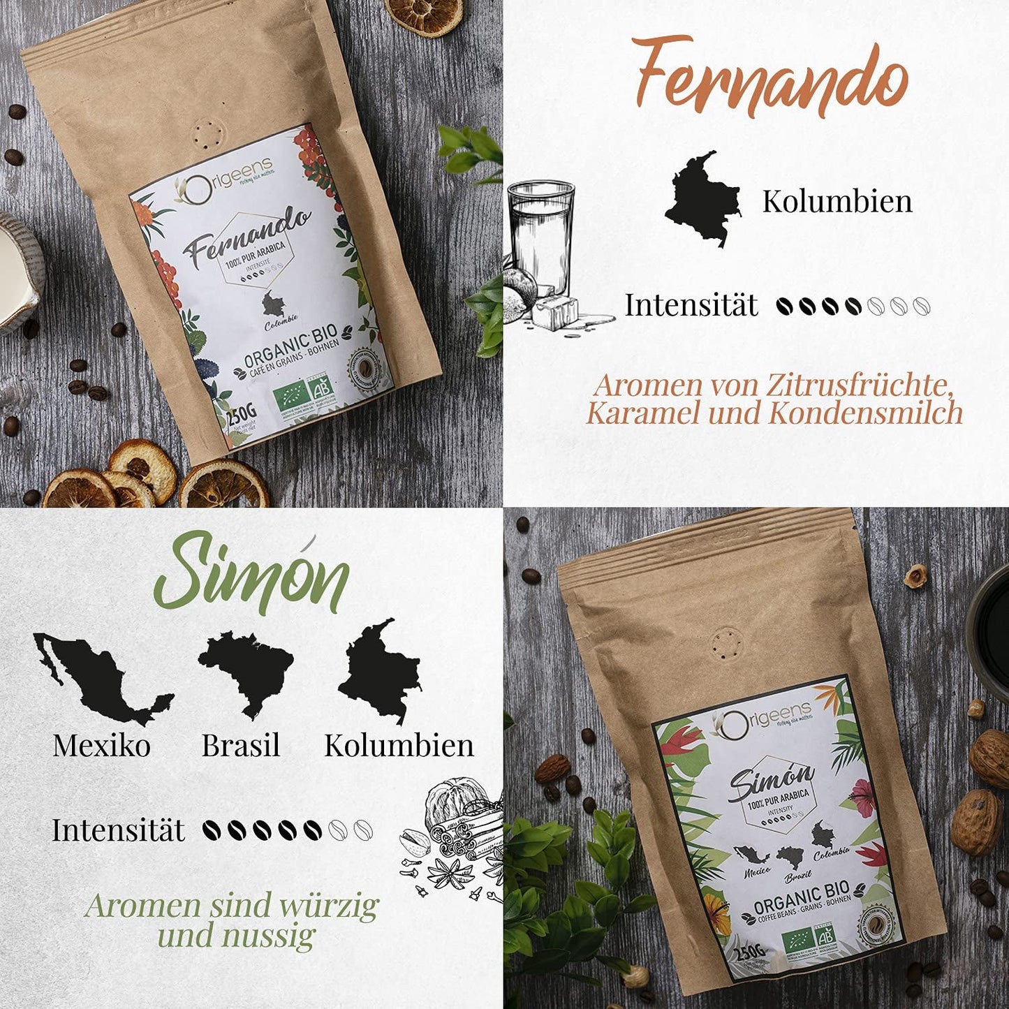 ORIGEENS Bio Kaffeebohnen Probierset 1kg | Premium Bio Arabica Kaffee Ganze Bohnen Sæt 4x250g | Traditionel Röstung | Kaffe Geschenkset
