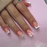 24 stk Pink Diamond Sløjfe French Manicure Tabletter Firkantede Negle Rhinestone Mønster Nude Pink kunstige negle Fulddækning lim Manicure